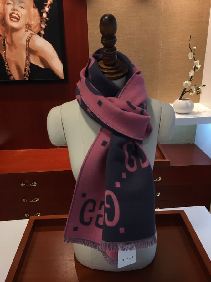 Gucci GG Jacquard Wool Silk Scarf 495592 Blue/Pink