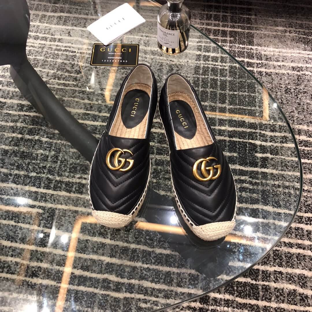 Gucci Chevron Leather Espadrille With Double G 551890 Black