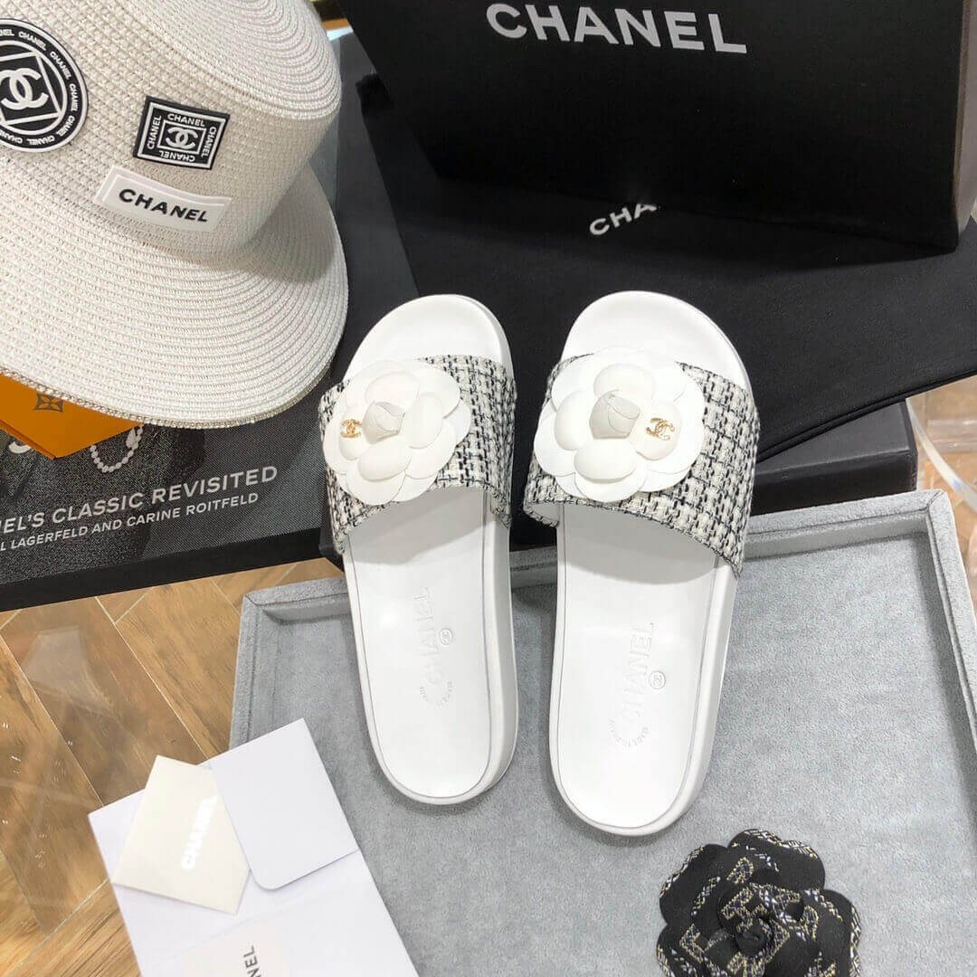 Chanel Camellia Iconic Tweed Flower Mules G14022