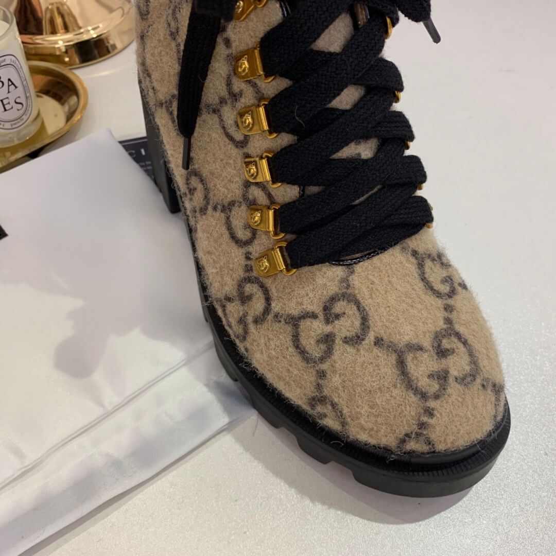 Gucci Trip GG Wool Combat Boots 583349 Beige