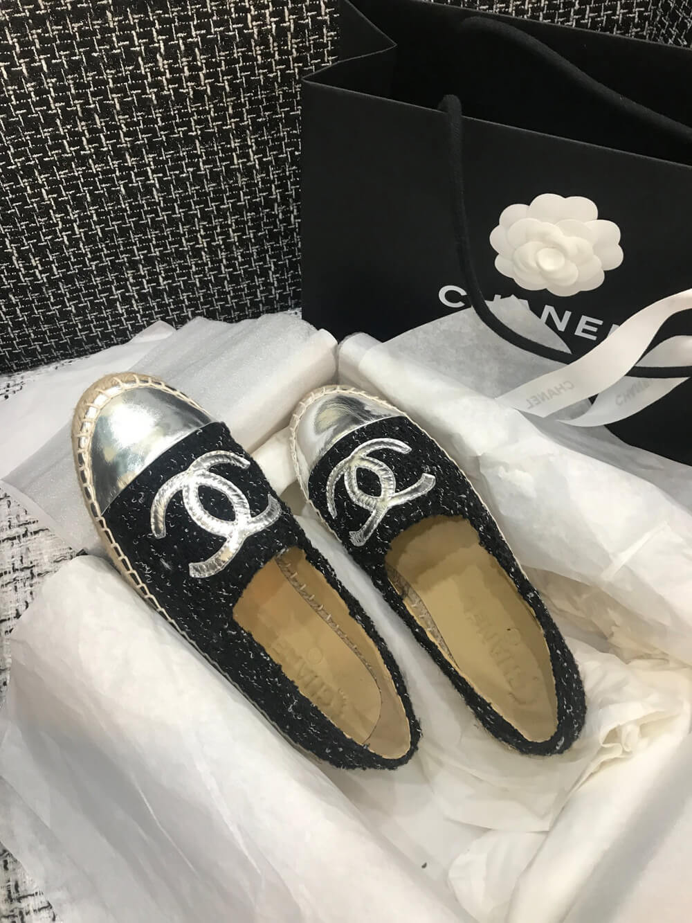 Chanel Tweed & Patent Calfskin Espadrilles G29762 Black/Silver