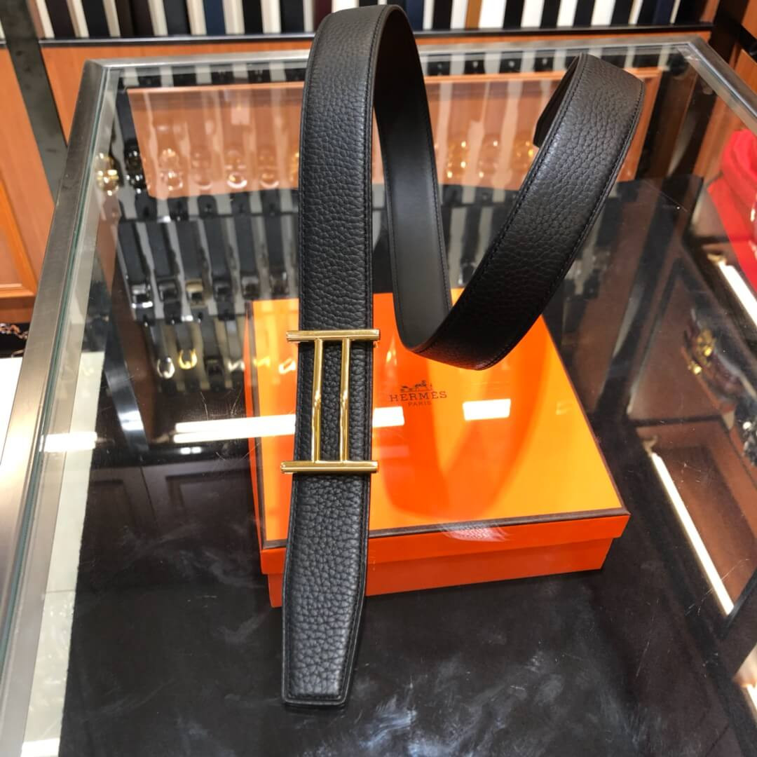 Hermes Rider Belt Buckle & Reversible Leather Strap 32mm H075372 Black