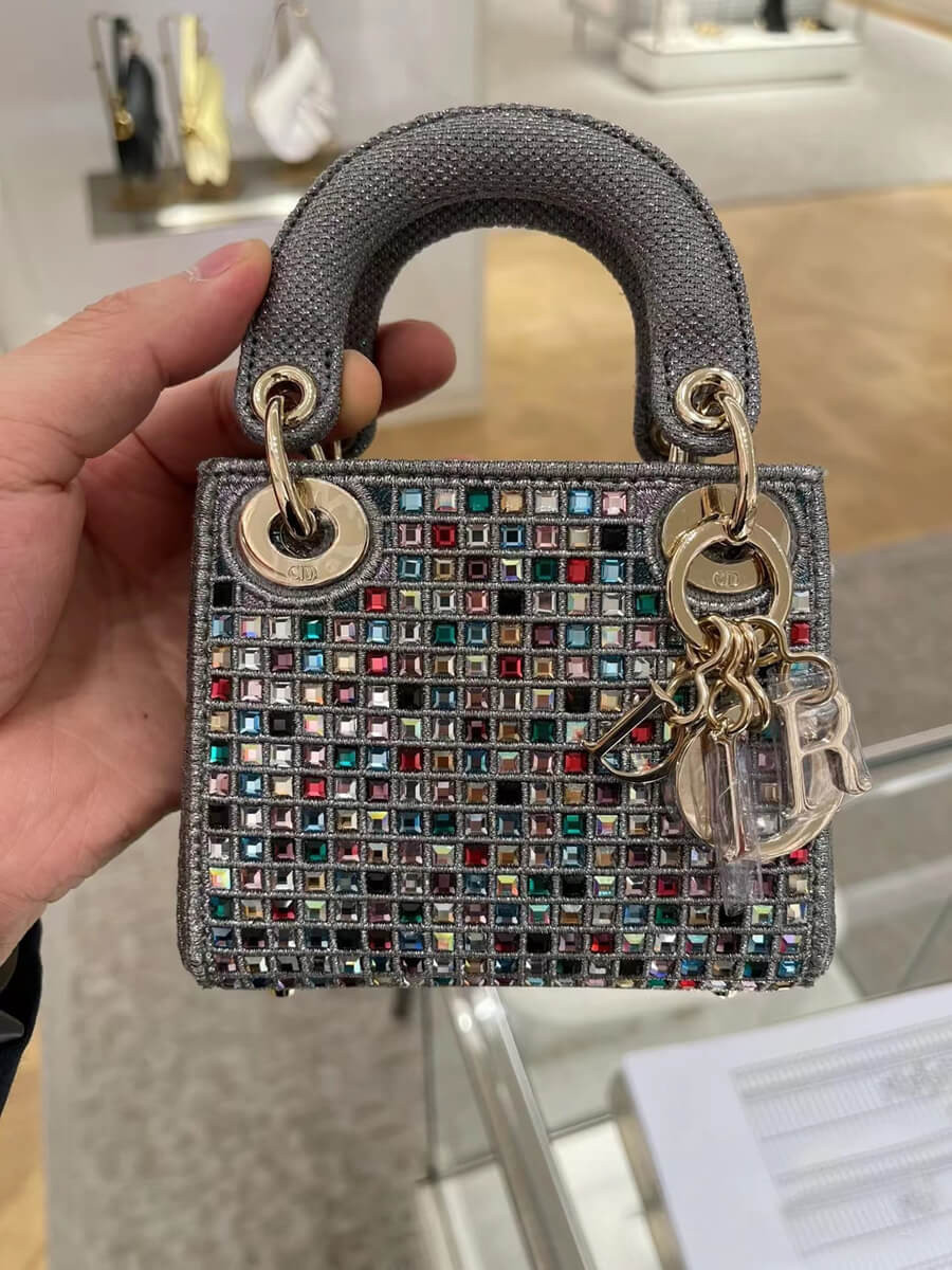 Micro Lady Dior Bag Dark Grey Metallic Canvas Embroidered with Multicolor Crystals S0856