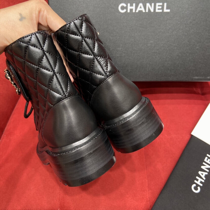 Chanel Black Quilted Gold CC Logo Chain Combat Lace Up Boots G36424