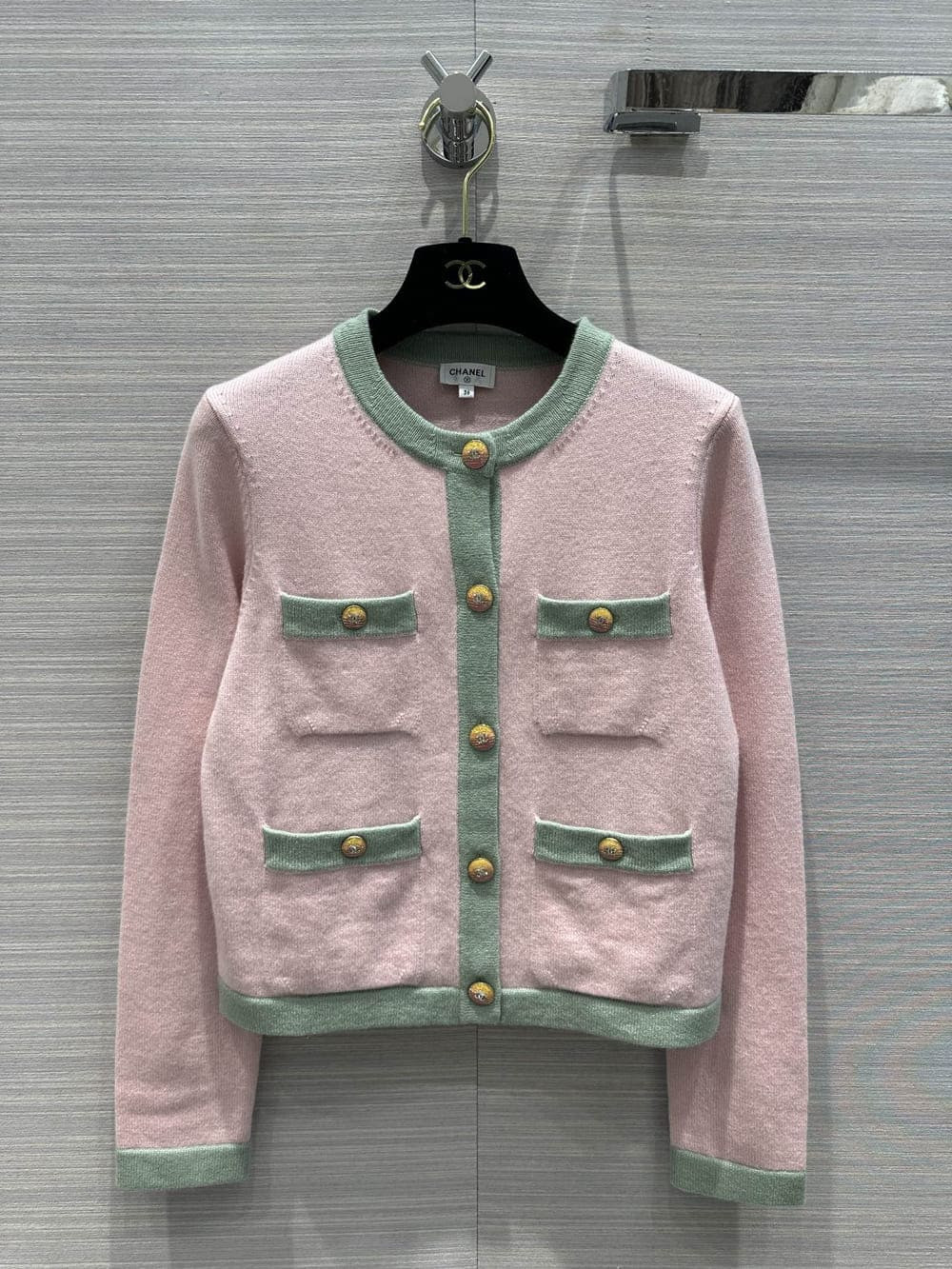 Chanel Light Pink & Light Green Cashmere Two-Tone Cardigan A92648