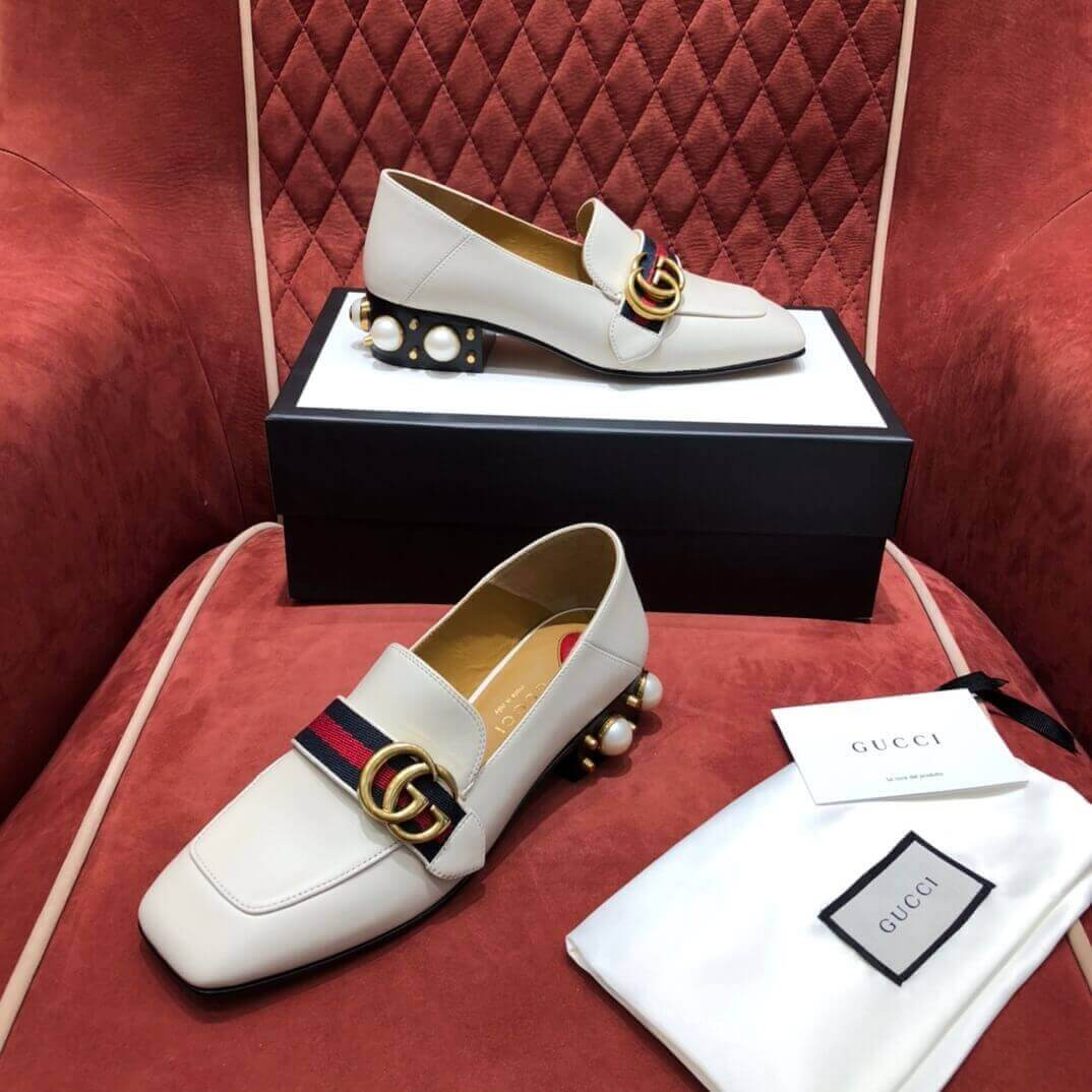 Gucci Calfskin Web Pearl Embellished Mid-Heel Loafer 423559
