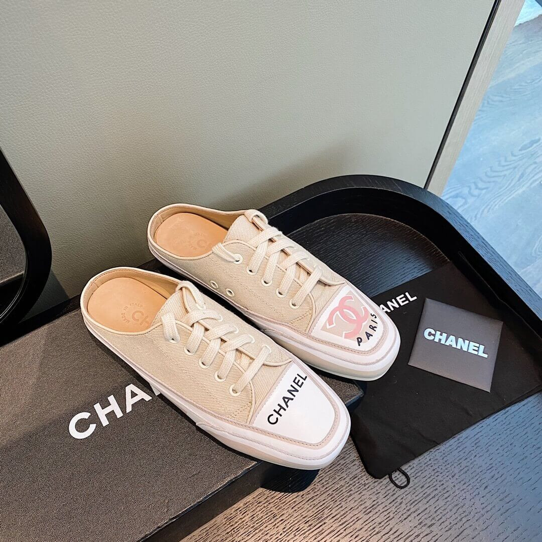 Chanel Canvas Lace Up Cap Toe Slipper 382301