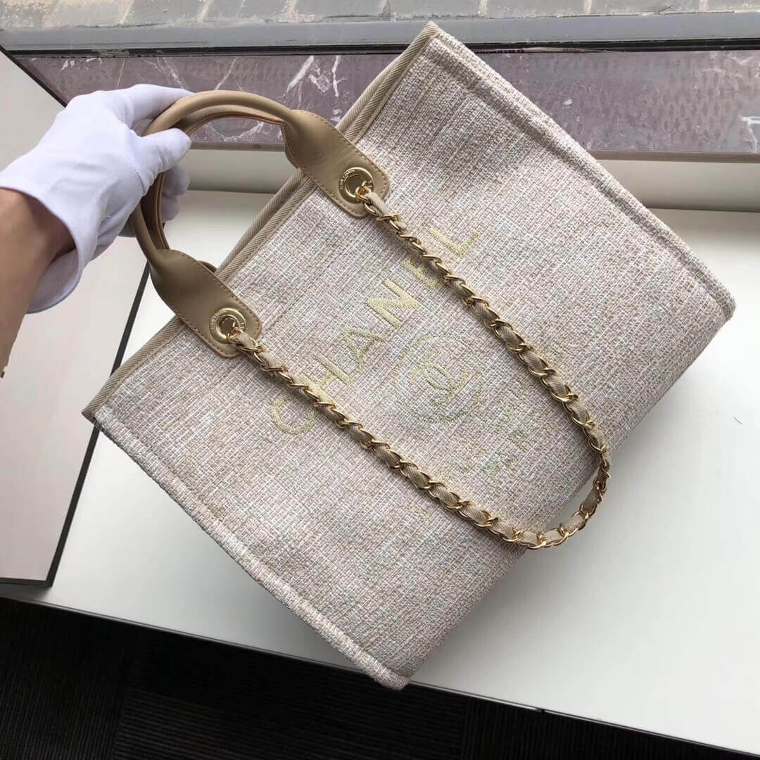 Chanel Deauville Tote 38cm Canvas Bag A66941 Cream / Beige