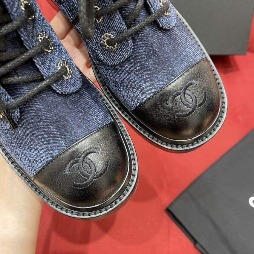 Chanel Blue Denim Quilted Lace Up Boots G36424