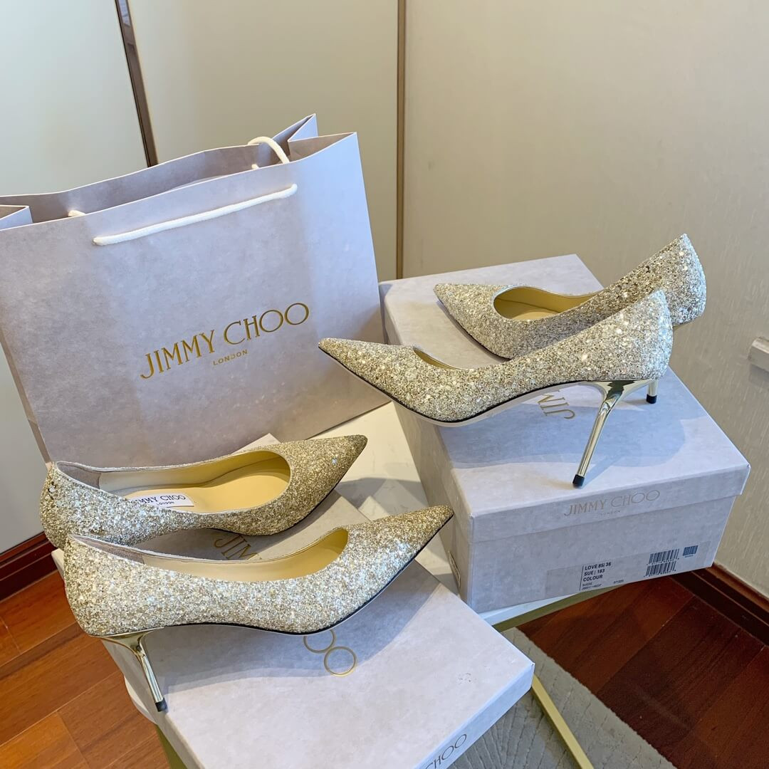 Jimmy Choo Gold Romy Glitter Fabric Pointy Toe Pumps 120011