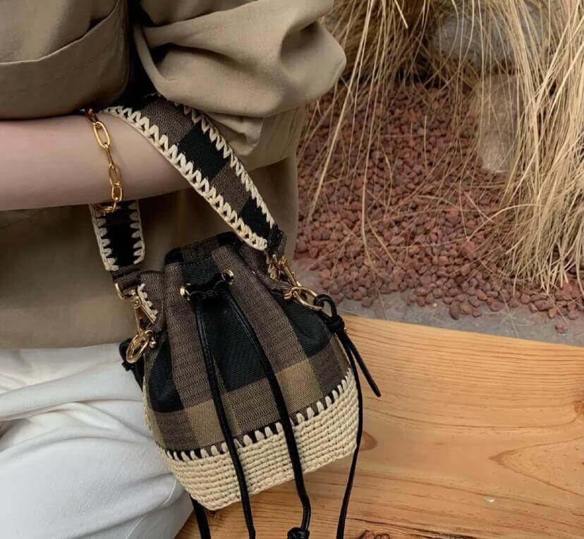 Fendi Brown Mon Tresor Mini Canvas & Raffia Bucket Bag 2028