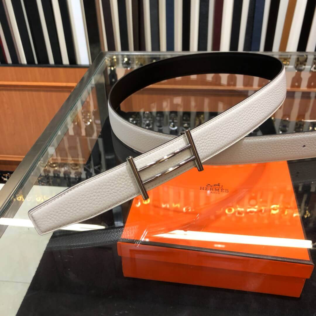 Hermes Rider Belt Buckle & Reversible Leather Strap 32mm H075372 White/Black