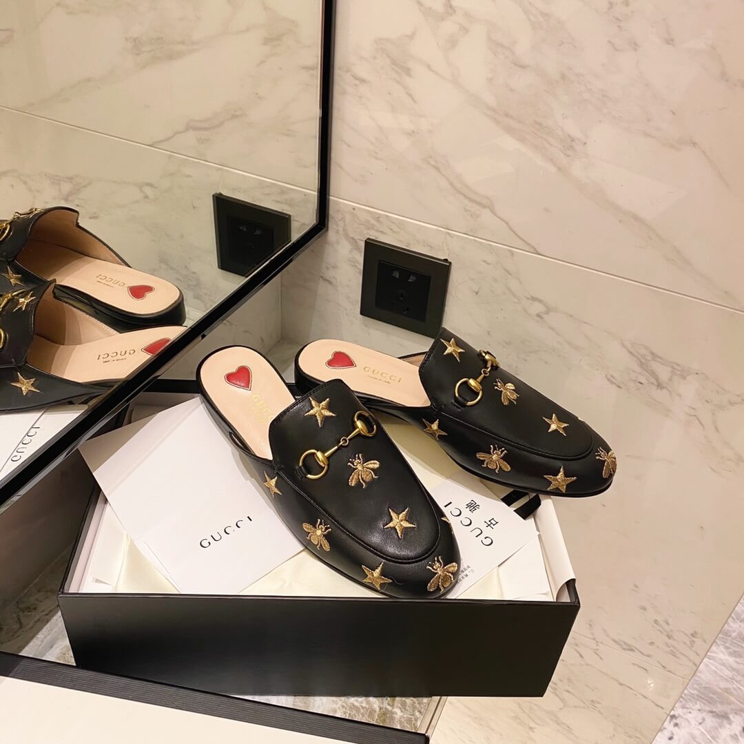 Gucci Princetown Embroidered Leather Slipper 505268 Black