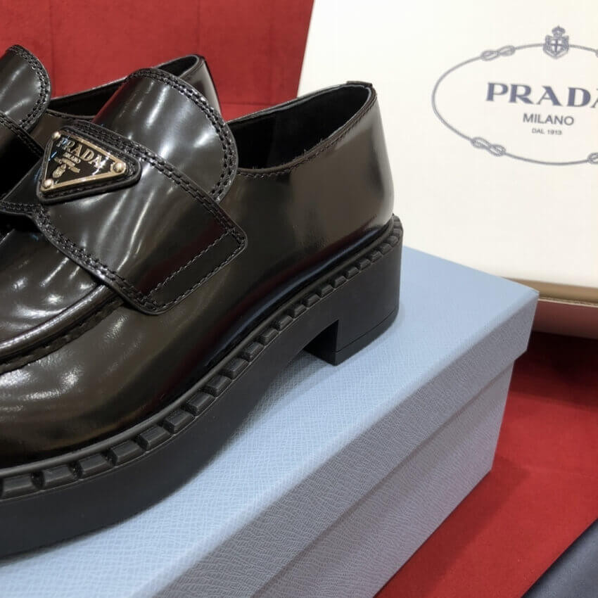Prada Black Chocolate Brushed Leather Loafers 1D246M