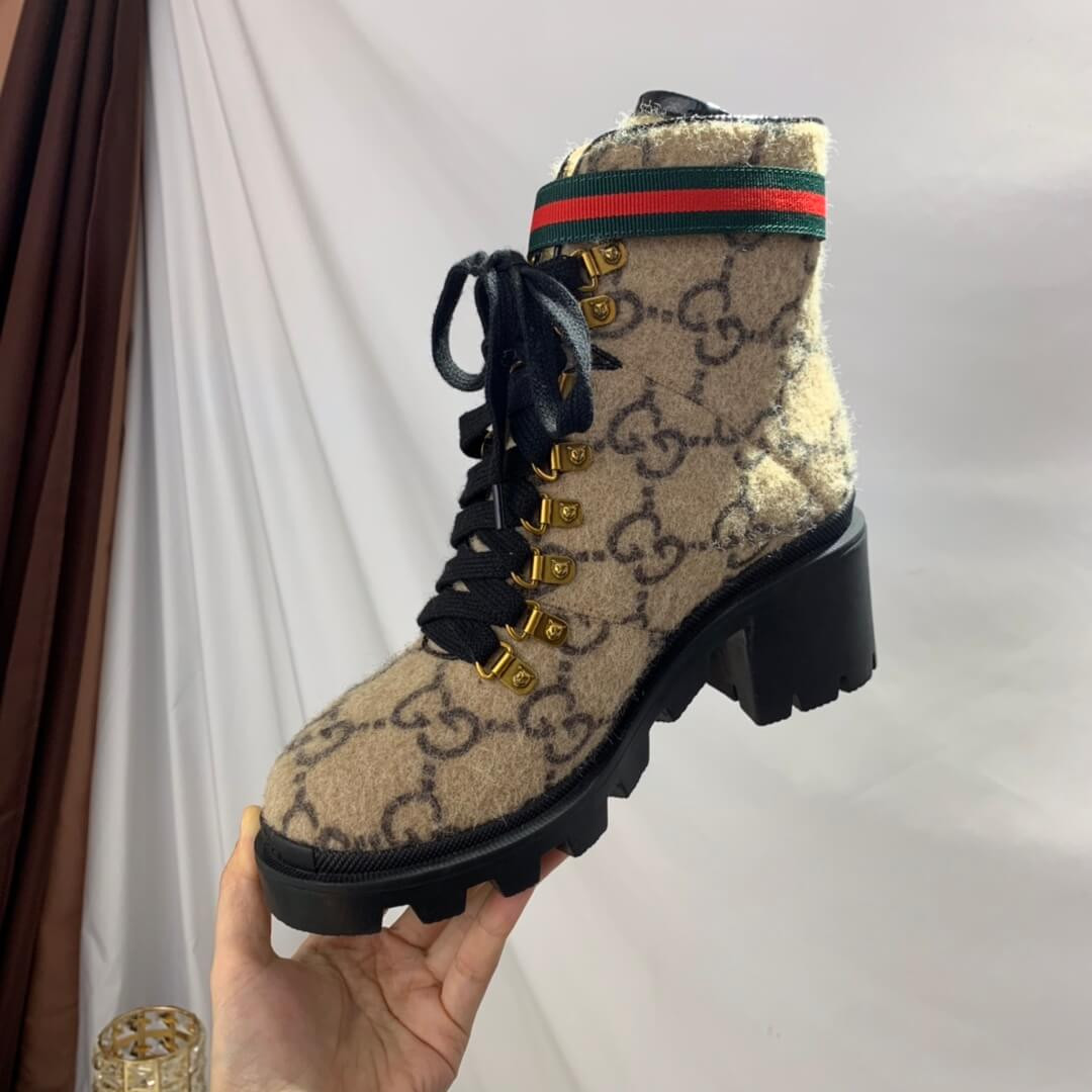 Gucci Trip GG Wool Combat Boots 583349 Beige