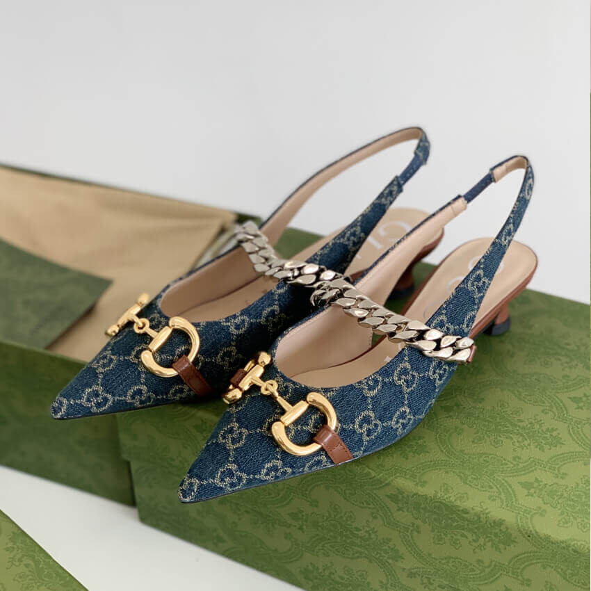 Gucci GG Horsebit Denim Low Slingback Strap Pumps