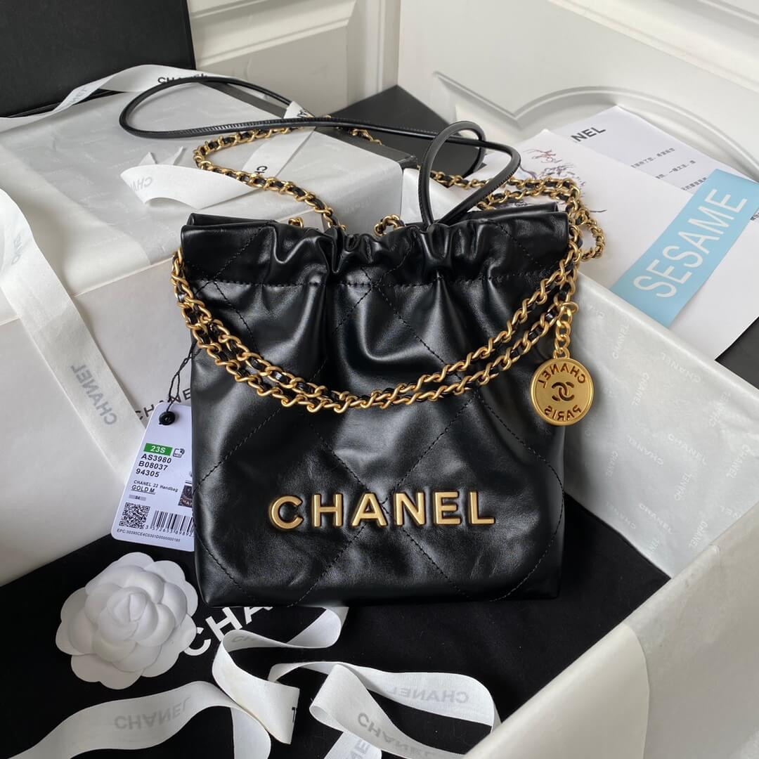 Chanel Mini 22 Handbag Shiny Calfskin & Gold Metal AS3980 Black