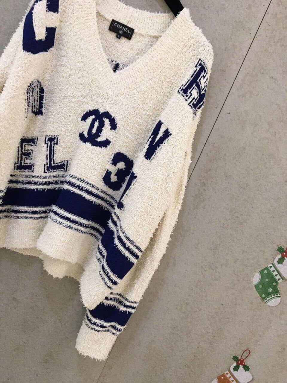 Chanel Varsity Logo iconic Oversized Wool Cashmere V Neck Sweater C1402