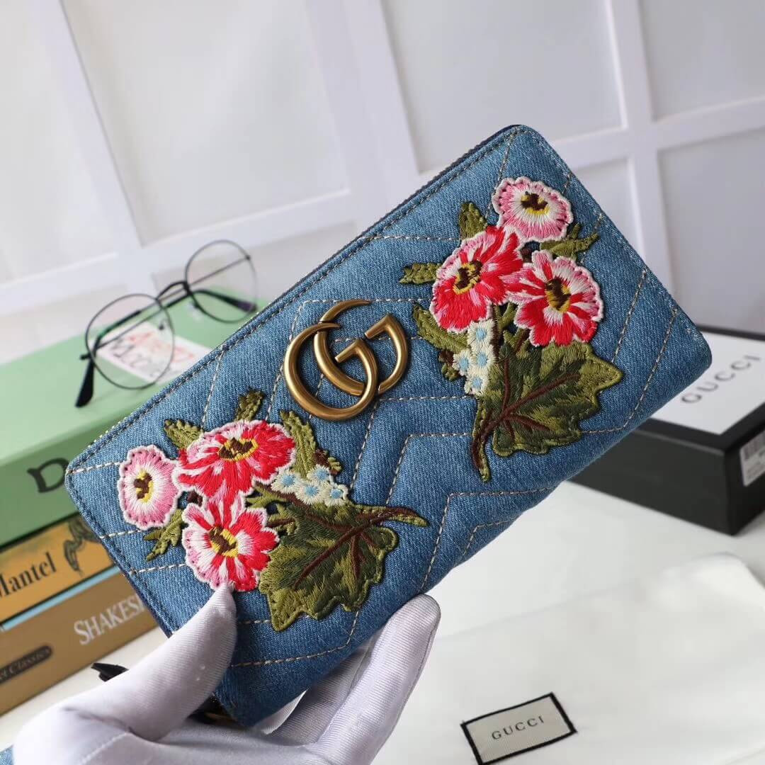 Gucci Denim Print Applique Zip Around Wallet 443123