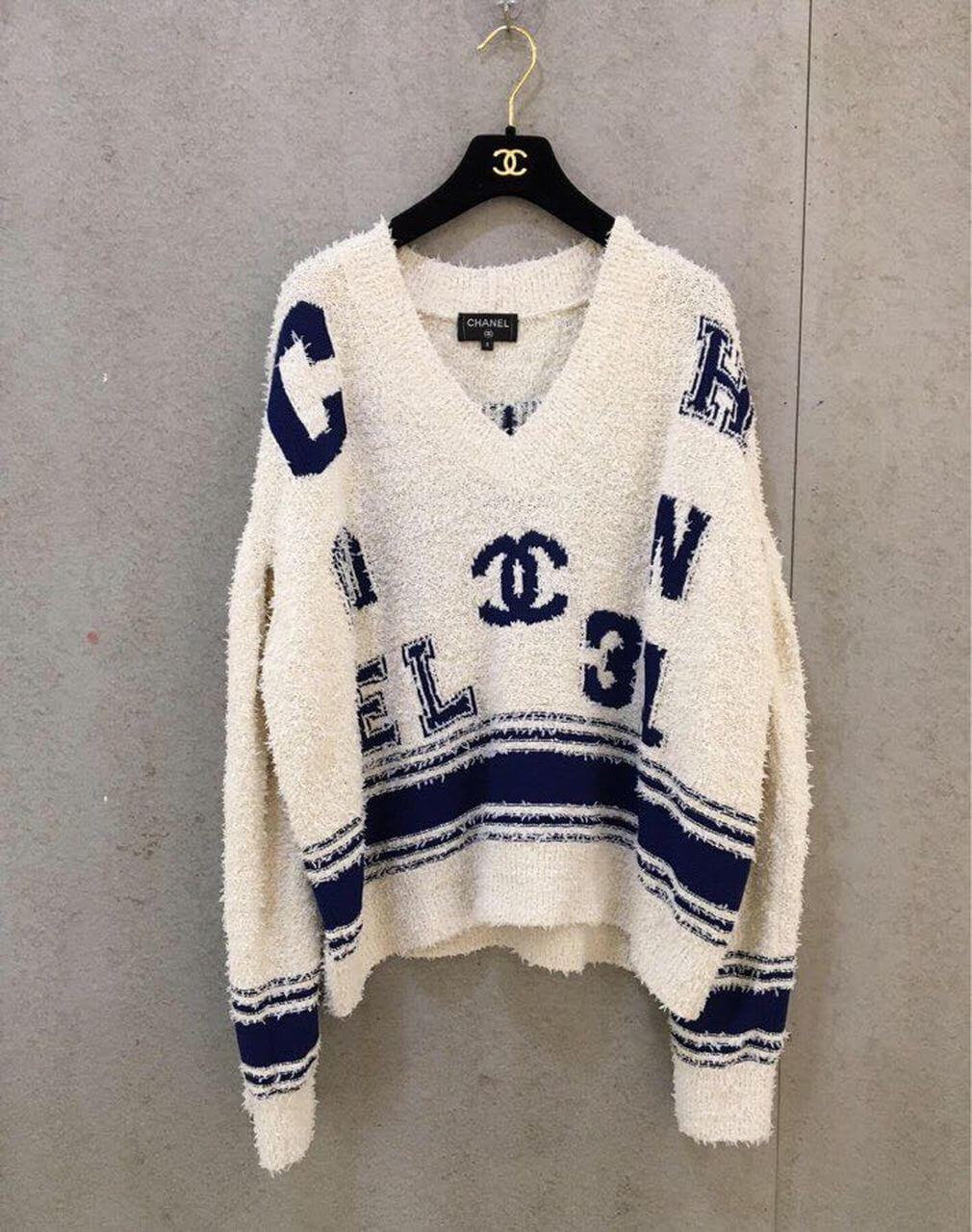 Chanel Varsity Logo iconic Oversized Wool Cashmere V Neck Sweater C1402