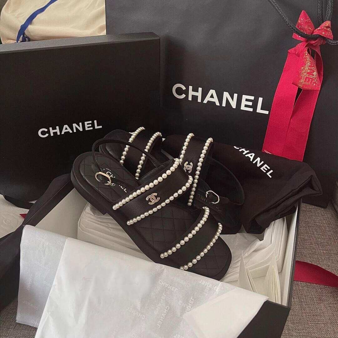 Chanel Satin & Imitation Pearls Sandals G38423 Black
