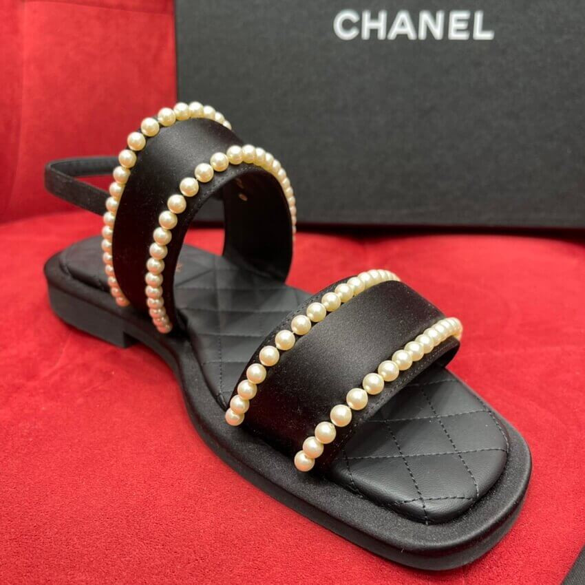 Chanel Satin & Imitation Pearls Sandals G38423 Black