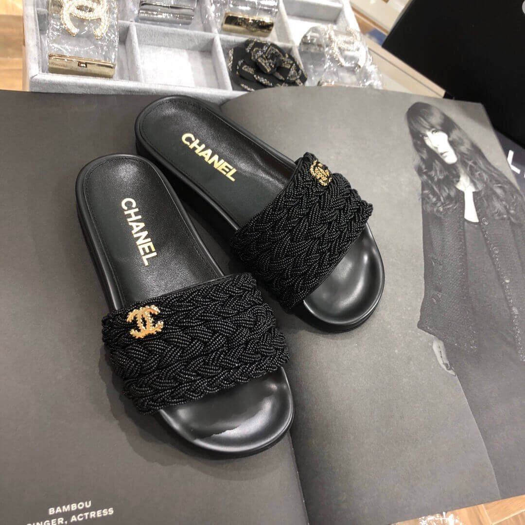 Chanel Pearls & Lambskin Black Mules G35696