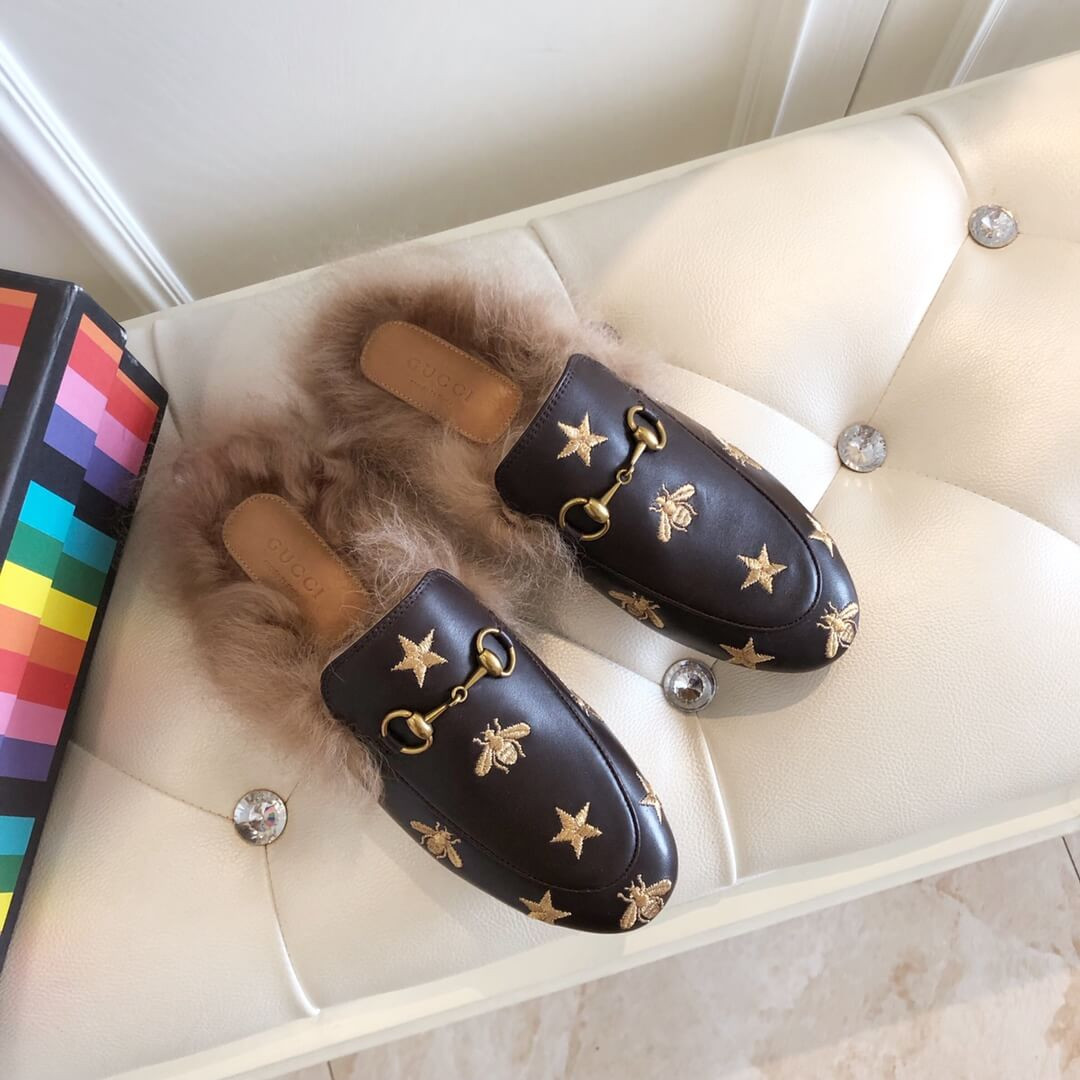 Gucci Princetown Bees and Stars Embroidered Fur Slipper Mules 448653