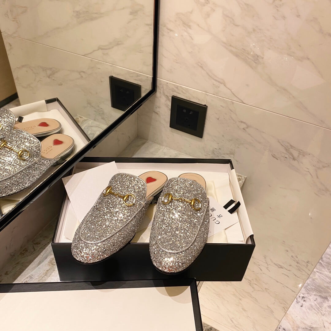 Gucci Princetown Glitter Silver Slipper 432773