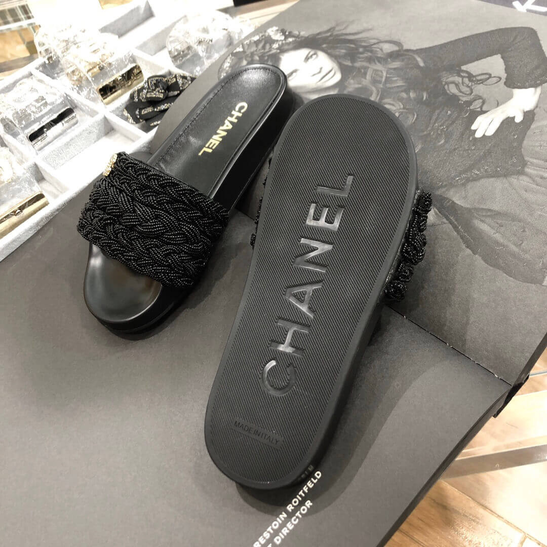 Chanel Pearls & Lambskin Black Mules G35696