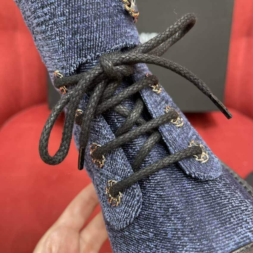 Chanel Blue Denim Quilted Lace Up Boots G36424