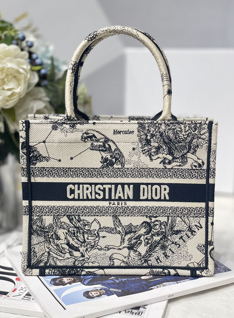 Christian Dior Small Book Tote Bag 26cm Latte Toile De Jouy Zodiac Embroidery Beige