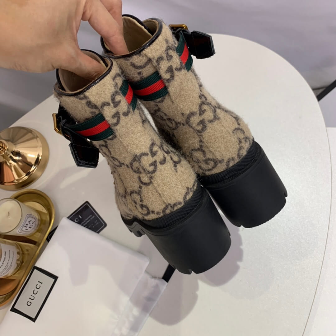 Gucci Trip GG Wool Combat Boots 583349 Beige