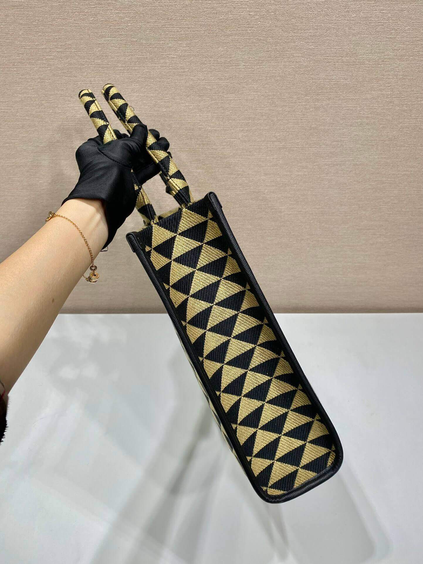 Prada Large Symbole Embroidered Fabric Handbag 1BA356 Black/Beige