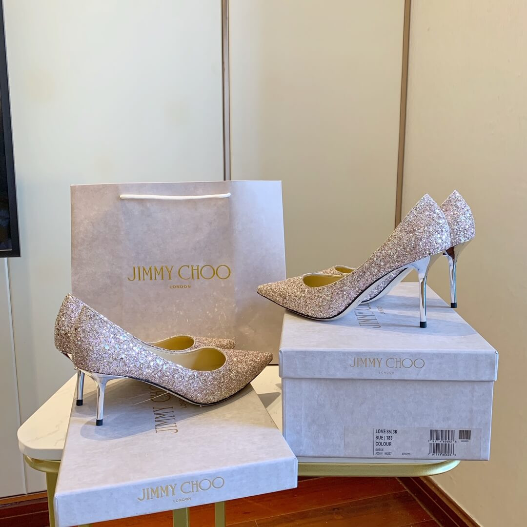 Jimmy Choo Pink Gold Romy Glitter Fabric Pointy Toe Pumps 120011