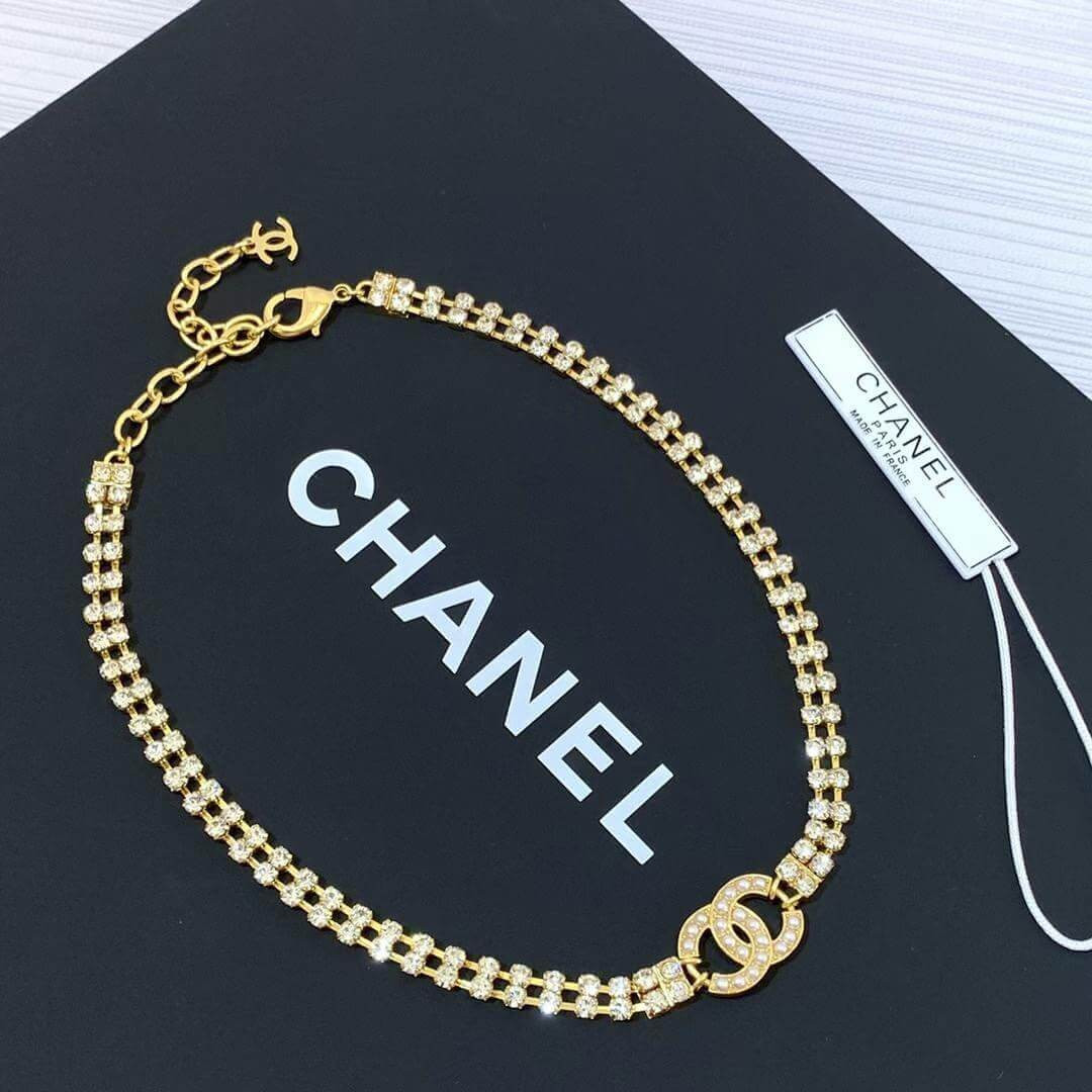 Chanel Double Strand Gold Crystal CC Pearl Necklace 460975