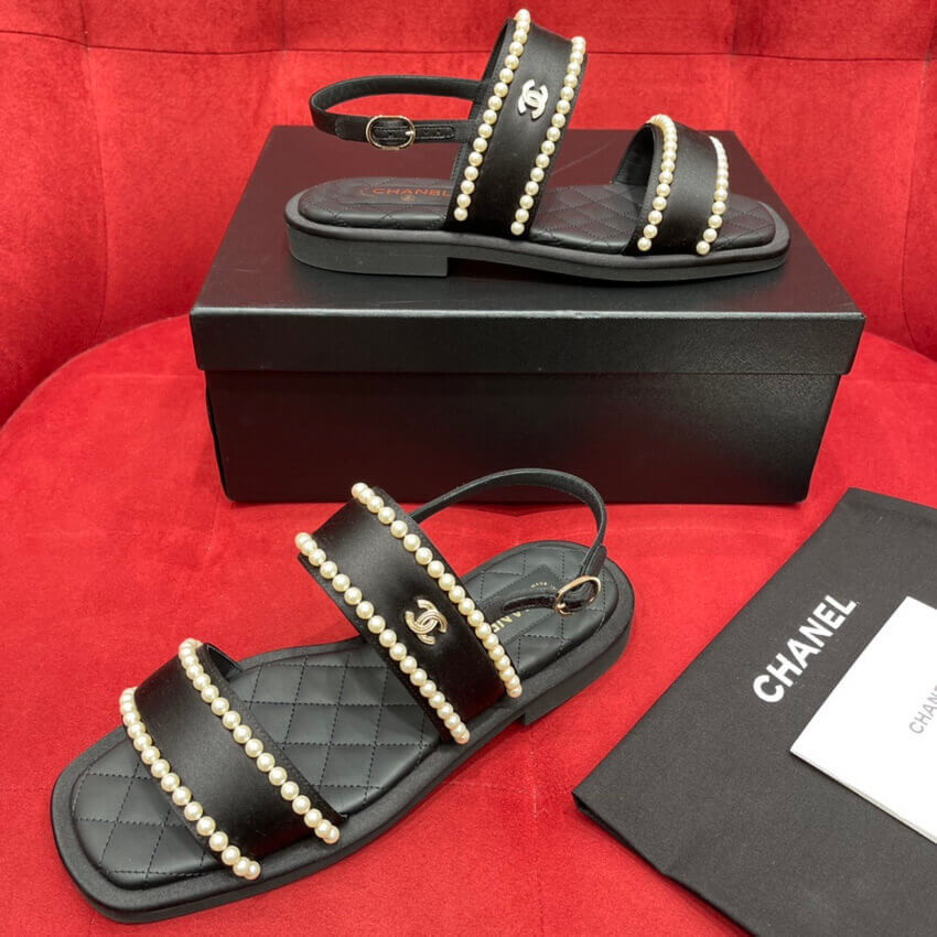 Chanel Satin & Imitation Pearls Sandals G38423 Black
