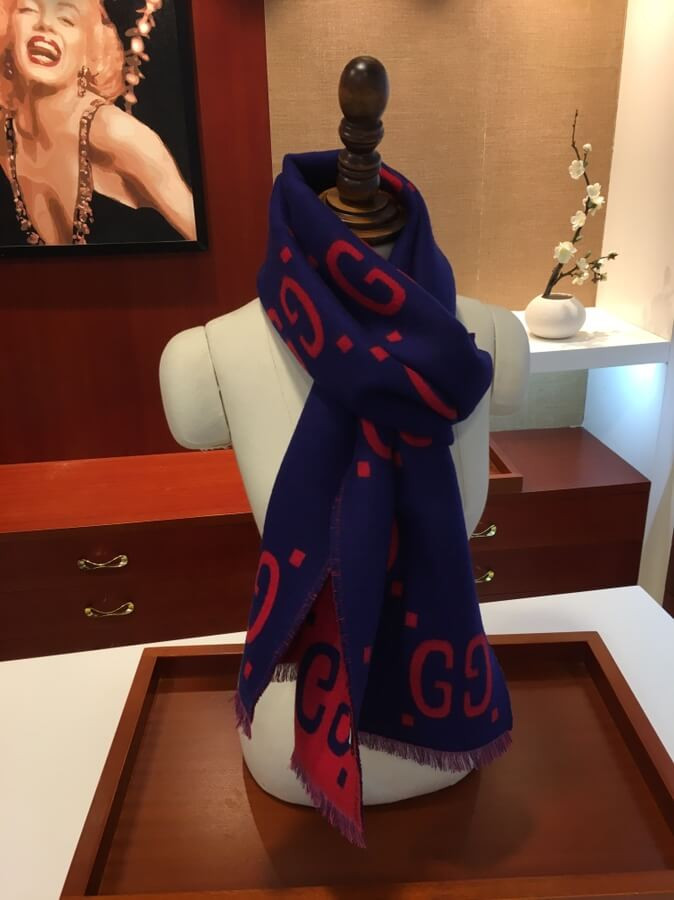Gucci GG Jacquard Wool Silk Scarf 495592 Blue/Red