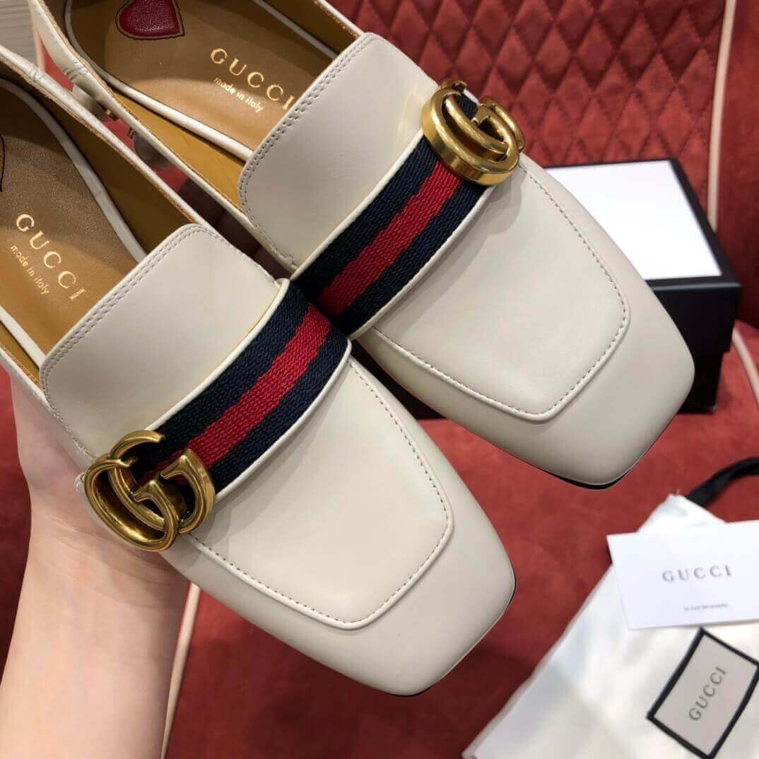 Gucci Calfskin Web Pearl Embellished Mid-Heel Loafer 423559