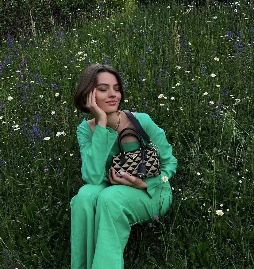 Prada Symbole Embroidered Fabric Top-Handle Bag 1BB846 Black/Beige