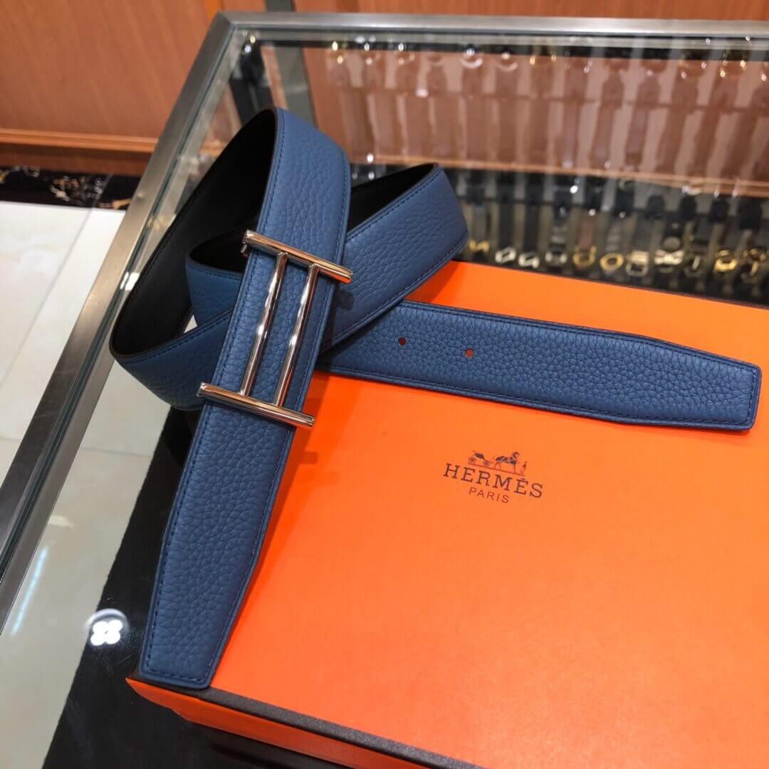 Hermes Rider Belt Buckle & Reversible Leather Strap 40mm H075372 Blue/Black