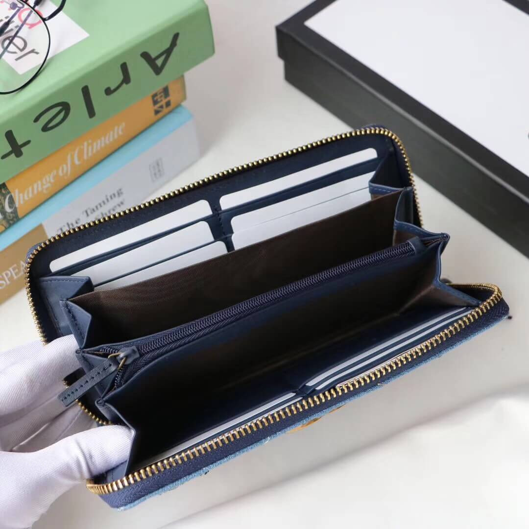 Gucci Denim Print Applique Zip Around Wallet 443123