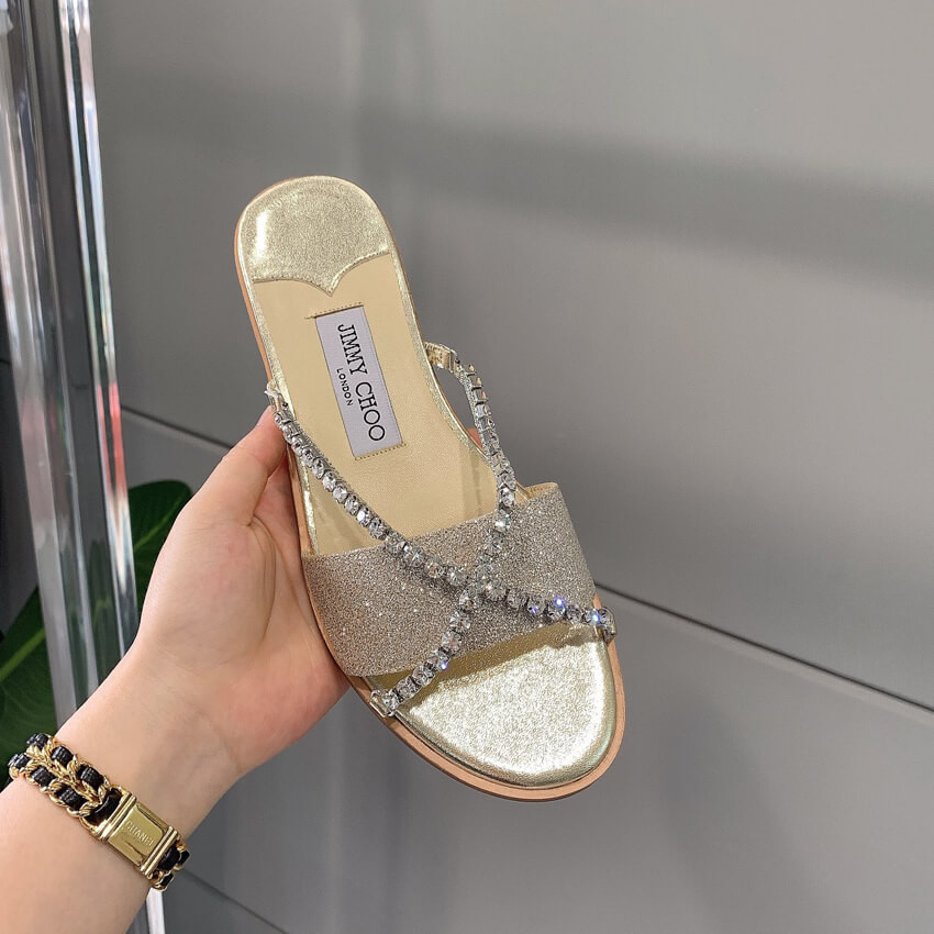 Jimmy Choo Aadi Platinum Ice Dusty Glitter Flats With Crystal Chain C6137