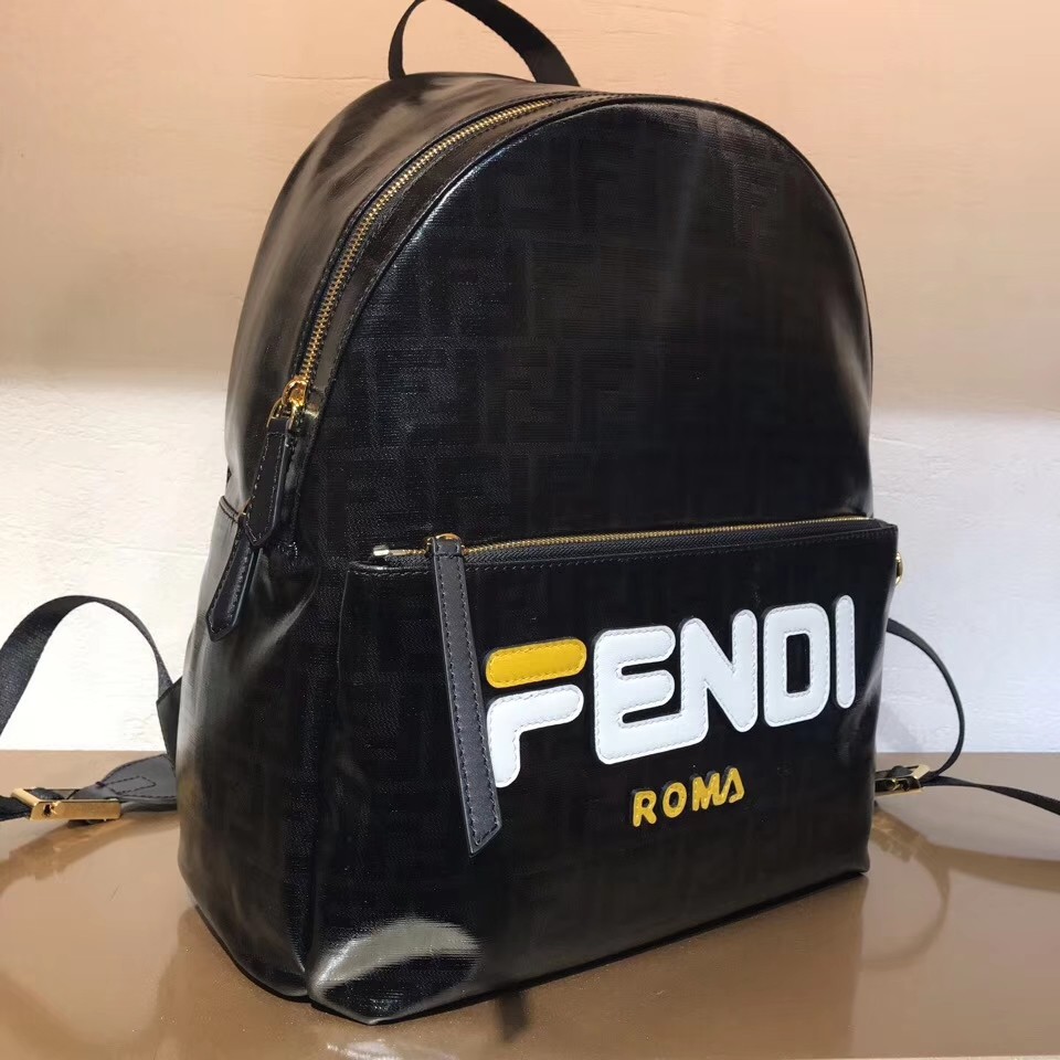Fendi Mania Logo Zucca Coated Medium Black Canvas Backpack 8BZ039