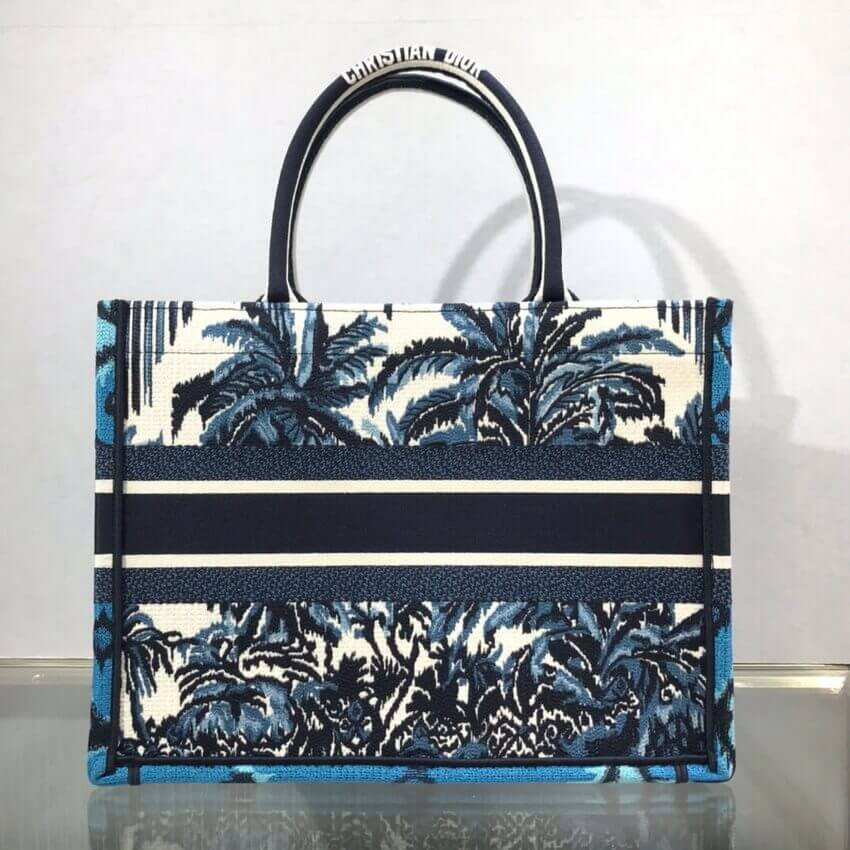 Dior Small Book Tote in Blue Palms Embroidery M1296
