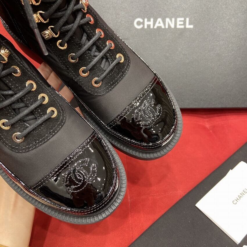 Chanel Nylon and Patent Calfskin Lace-Ups Boots G38086 Black