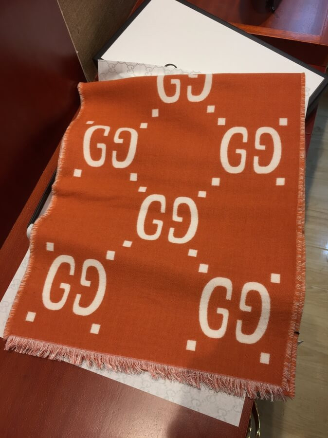 Gucci GG Jacquard Wool Silk Scarf 495592 Orange/Beige