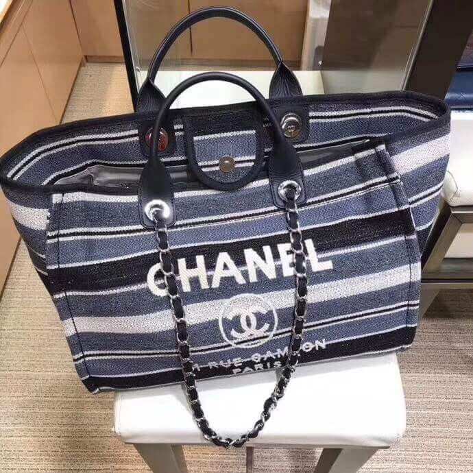 Chanel Deauville Black Grey Striped Tweed Canvas Tote A66941