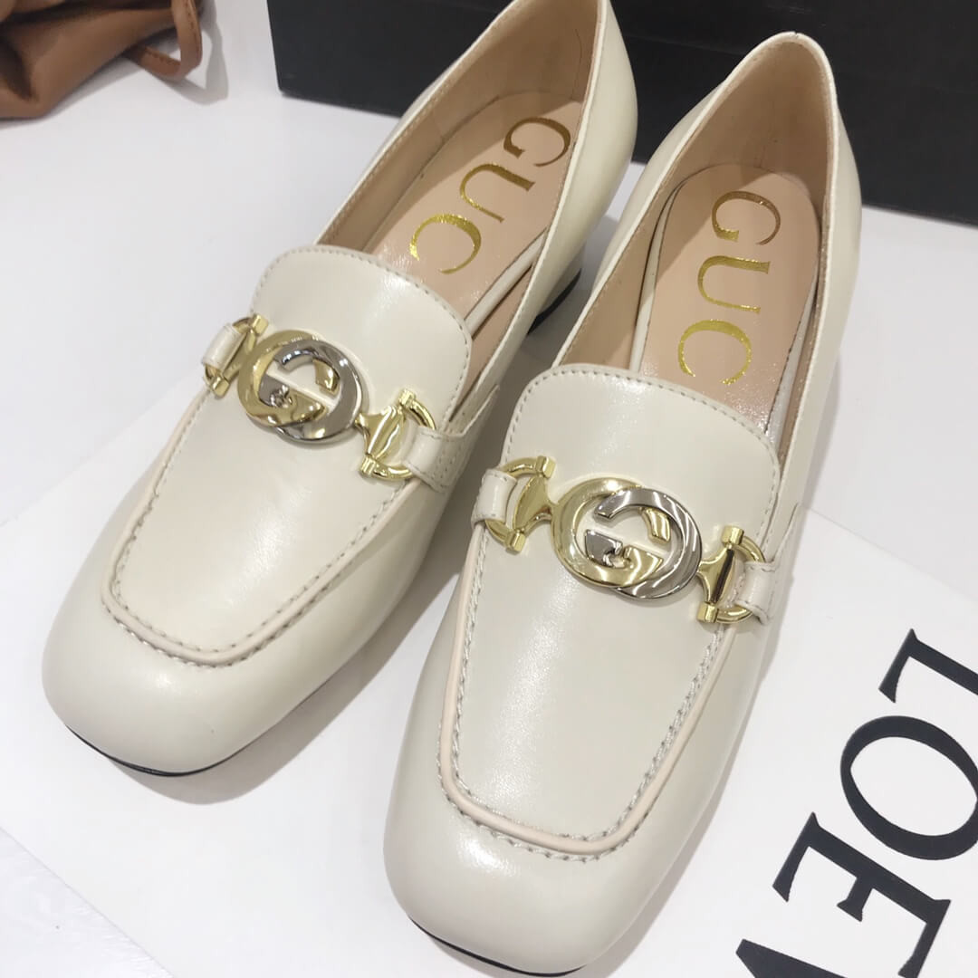 Gucci Zumi Leather Mid-Heel Loafer 575832 White