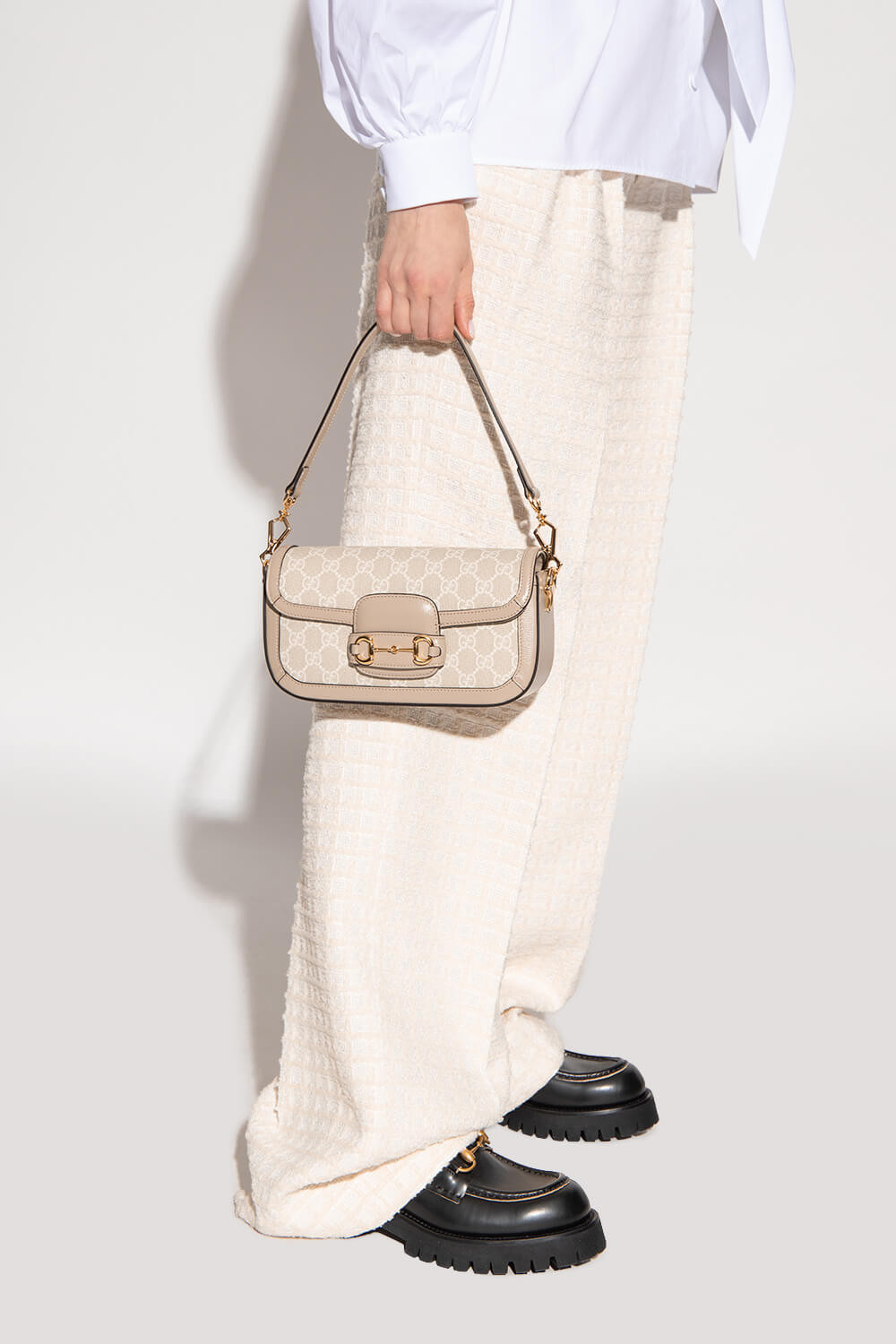 Gucci Horsebit 1955 GG Supreme Canvas Should Bag 735178 Oatmeal